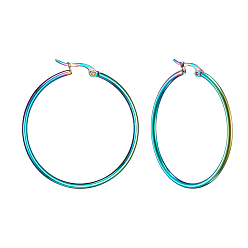 Rainbow Color 304 Stainless Steel Big Hoop Earrings, Hypoallergenic Earrings, Ring Shape, Rainbow Color, 12 Gauge, 44~46x2mm, Pin: 0.7~1.3x0.68mm