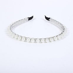 White Alloy Curb Chain Hair Bands, with Plastic Imitation Pearl, Hair Accessories for Women Girls, White, 120x140mm