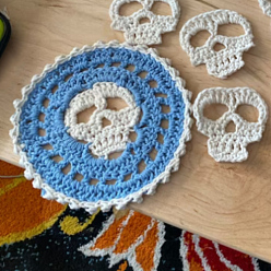 Light Blue Halloween Theme Polyester Crochet Cup Mats, Antiskid Macrame Coasters, Flat Round with Skull, Light Blue, 120mm
