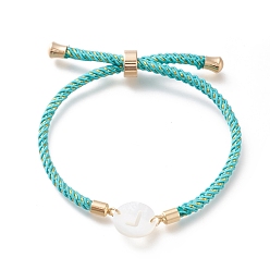 Cyan Adjustable Nylon Cord Slider Bracelets, Bolo Bracelets, with Natural White Shell Links and Golden Plated Brass Findings, Flat Round with Letter L, Cyan, Inner Diameter: 0.8~5.9cm