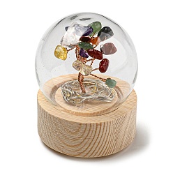 Mixed Stone LED Glass Crystal Ball Ornament, with Natural Gemstone Chips Money Tree inside, Reiki Energy Stone Desktop Office Table Decor, 52x65mm