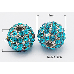 Dodger Blue Alloy Beads, with Middle East Rhinestones, Round, Silver, Dodger Blue, Size: about 9mm in diameter, 8mm thick, hole: 2mm