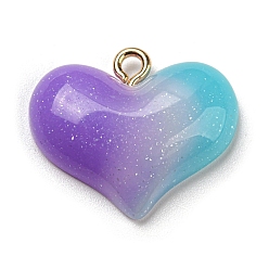 Heart Gradient Color Resin Pendants, with Glitter Powder and Golden Tone Iron Loop, Heart, 18x21.5x5mm, Hole: 1.8mm