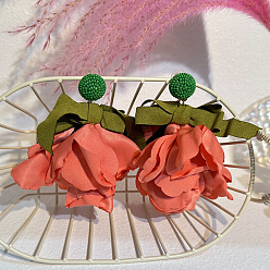 E-956-green Design Fabric Art Bow Flower Earrings Fashion Exaggerated Handmade Long Earrings