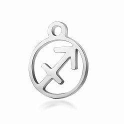 Sagittarius 201 Stainless Steel Charms, Flat Round with Constellation, Stainless Steel Color, Sagittarius, 13.4x10.8x1mm, Hole: 1.5mm