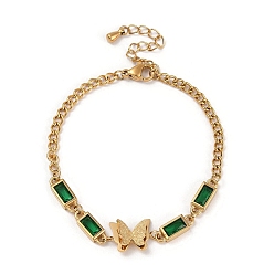 Темно-Зеленый Браслет в форме прямоугольника с кубическими циркониями и звеньями бабочки, с ионным покрытием (IP) Золотые 304 бордюрные цепи из нержавеющей стали, темно-зеленый, 6-3/8 дюйм (16.3 см)