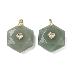 Green Aventurine Natural Green Aventurine Faceted Pendants, Hexagon Charms with Brass Pave Heart Clear Cubic Zirconia Findings, Golden, 38x28.5x13mm, Hole: 5.5x4.5mm