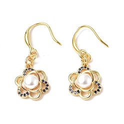 Golden Natural Pearl Beaded Flower Dangle Earrings with Cubic Zirconia, Rack Plating Brass for Women, Golden, 32mm, Pin: 0.8mm