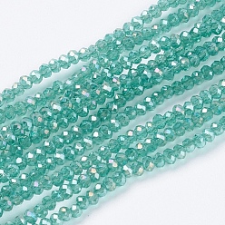 Green Electroplate Glass Beads Strands, Full Rainbow Plated, Faceted, Rondelle, Green, 3x2mm, Hole: 0.8mm, about 185~190pcs/strand, 14.9~17.3 inch(38~44cm)