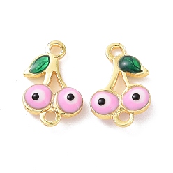 Pink Brass Enamel Connector Charms, Real 18K Gold Plated, Cherry with Evil Eye Pattern, Pink, 7.5x11.5x3mm, Hole: 1.2mm