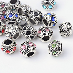 Color mezclado Aleación del rhinestone rondelle granos europeos agujero grande, plata antigua, color mezclado, 11x9 mm, agujero: 5 mm