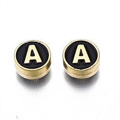 Letter A Alloy Enamel Beads, Cadmium Free & Lead Free, Light Gold, Flat Round with Alphabet, Black, Letter.A, 8x4mm, Hole: 1.5mm