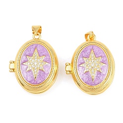Фиолетовый Подвески латуни медальон, с эмалью и прозрачным кубическим цирконием, без кадмия и без свинца, реальный 18 k позолоченный, стойки покрытие, долговечный, звезда с овальными подвесками, фиолетовые, 26x21x9 мм, отверстие : 3x5 мм