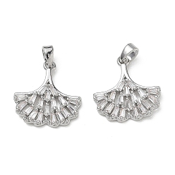 Platinum Brass Micro Pave Clear Cubic Zirconia Pendants, Ginkgo Leaf Charms, Platinum, 19x18x3mm, Hole: 4x2.5mm