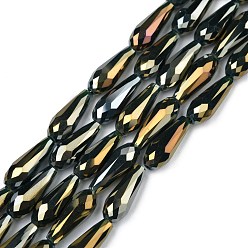Black Electroplated Opaque Glass Beads Strands, Full Rainbow Plated, Faceted, Teardrop, Black, 15x6mm, Hole: 1mm, about 50pcs/Strand, 28.35 inch(72cm)