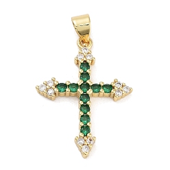 Зеленый Стойка металлическая латунная микропрофилированная кубическая циркония подвески, долговечный, без свинца и без кадмия, реальный 18 k позолоченный, крестик, зелёные, 26x19x2.5 мм, отверстие : 5x3.5 мм