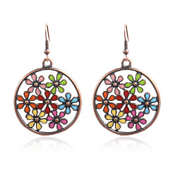 Red Copper Alloy Enamel Dangle Earrings, Ring with Flower, Colorful, Red Copper, 58x34mm