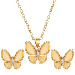 Gold Light Gold Alloy Butterfly Jewelry Set with Glass Rhinestone, Resin Pendant Necklace and Stud Earrings, Gold, 500mm