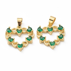 Зеленый Латунные микропаве прозрачные подвески с фианитом, долговечный, реальный 18 k позолоченный, сердце, зелёные, 17x16.5x3 мм, отверстие : 3.5x4.5 мм