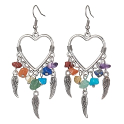 Antique Silver Alloy Heart & Feathter Woven Net Chandelier Earrings, Natural Mixed Gemstone Chips Chakra Earrings, Antique Silver, 70x26.5mm