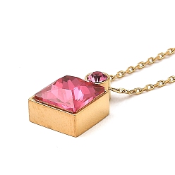 Cerise Glass Square Pendant Necklace, Real 18K Gold Plated 304 Stainless Steel Necklace, Cerise, 18.43 inch(46.8cm)