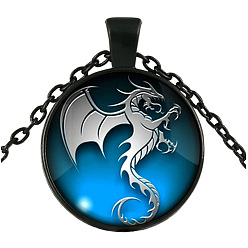 Electrophoresis Black Blue Dragon Theme Glass Flat Round Pendant Necklace with Alloy Chains, Electrophoresis Black, 27.56 inch(70cm)