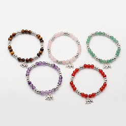 Mixed Stone Natural Mixed Stone Beaded Elephant Charm Stretch Bracelets, with Antique Silver Alloy Findings, 53mm