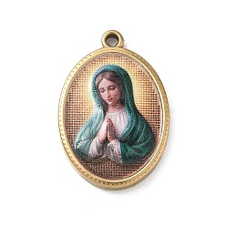 Настоящее золото 18K 304 Подвески из нержавеющей стали с религиозным принтом, овал с подвесками в виде Девы Марии, ионное покрытие (ip), реальный 18 k позолоченный, 23.5x16x3 мм, отверстие : 1.8 мм