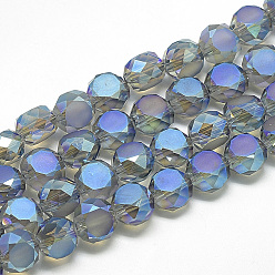 Steel Blue Frosted Electroplate Glass Beads Strands, Rainbow Plated, Faceted, Flat Round, Steel Blue, 8x5.5mm, Hole: 1.5mm, about 72pcs/22 inch