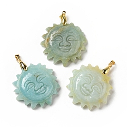 Flower Amazonite Natural Flower Amazonite Pendants, with Golden Tone Brass Findings, Lead Free & Cadmium Free, Sun with Smiling Face, 42x34~35x10.5mm, Hole: 3.8x5mm