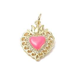 Hot Pink Eco-Friendly Rack Plating Brass Micro Pave Cubic Zirconia Pendants, with Enamel & Jump Ring, Long-Lasting Plated, Lead Free & Cadmium Free, Sacred Heart Charm, Real 18K Gold Plated, Hot Pink, 23x16.5x4mm, Hole: 3.4mm