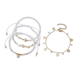 Golden 4Pcs 4 Style Glass & Brass Moon & Star Braided Bead Bracelets Set, Heart Charms Stackable Bracelets, Golden, Inner Diameter: 2-1/4~3-3/8 inch(5.6~8.6cm), 1Pc/style