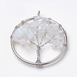 Opalite Opalite Pendants, with Iron Findings, Tree of Life, Platinum, 34x30x5~8mm, Hole: 2.5mm