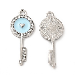 Небесно-голубой Подвески из эмали и сплава, с кристально горный хрусталь, ключи с сердечками, платина, голубой, 31x12.5x2 мм, отверстие : 1.8 мм