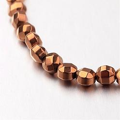 Copper Plated Electroplate Non-magnetic Synthetic Hematite Bead Strands, Faceted, Flat Round, Copper Plated, 4x4x3mm, Hole: 1mm, about 102pcs/strand, 15.7 inch