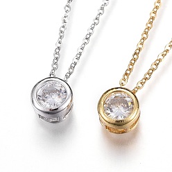 Mixed Color 304 Stainless Steel Pendant Necklaces, with Cubic Zirconia, Flat Round, Clear, Mixed Color, 17.7 inch(45.2cm)
