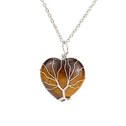 Tiger Eye Natural Tiger Eye Heart Pendant Necklaces, Platinum Copper Wire Wrap Necklace, 20.47 inch(52cm)