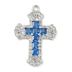 Морской Синий Латунные микро проложить кубического циркония подвески, долговечный, без кадмия и без свинца, крест очарование, платина, Marine Blue, 23x16x2.5 мм, отверстие : 1.4 мм