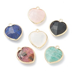 Mixed Stone Natural Mixed Gemstone Pendants, with Golden Brass Edge, Faceted, Heart, 19x16.5x6~6.5mm, Hole: 1.6mm