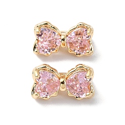 Pink Brass Pave Cubic Zirconia Multi-Strand Links, 3-Hole, Bowknot, Real 18K Gold Plated, Pink, 7x12x7mm, Hole: 1.2mm