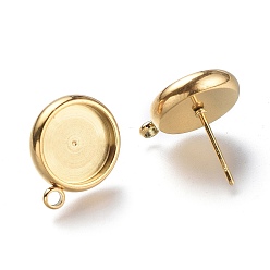 Golden Ion Plating(IP) 304 Stainless Steel Stud Earring Settings, with Loop, Flat Round, Golden, Flat Round: 15x12.5mm, Hole: 1.6mm, Pin: 0.8mm, Tray: 10mm