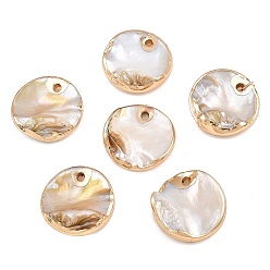 Плоский Круглый Гальванические подвески из натуральных ракушек, с золотым оттенком латуни, плоские круглые прелести, 19.5~20x20x7~8 мм, отверстие : 1.8~2 мм