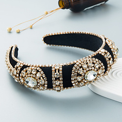 golden Vintage Velvet Headband with Rhinestones and Glass Gems for Women