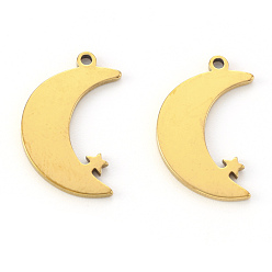 Golden Vacuum Plating 304 Stainless Steel Pendants, Laser Cut, Moon with Star, Golden, 17x12x1mm, Hole: 1.2mm