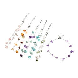 Mixed Stone Natural Mixed Gemstone Chips Beaded Anklet with 304 Stainless Steel Chains for Women, 8-7/8 inch(22.5cm)