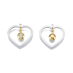 Crystal 201 Stainless Steel Pendants, with Rhinestone, Heart with Flat Round, Real Gold Plated & Stainless Steel Color, Crystal, 23x24x1mm, Hole: 1.6mm