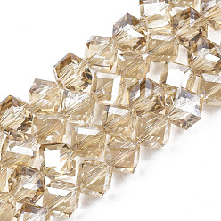 BurlyWood Electroplate Transparent Glass Beads Strands, , Faceted, Diagonal Cube Beads, BurlyWood, 8.5x9.5x9.5mm, Hole: 1.5mm, about 80pcs/strand, 25.98 inch(66cm)