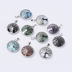 Mixed Stone Natural & Synthetic Mixed Stone Pendants, with Platinum Plated Brass Findings, Flat Round with Tree of Life, 31x27x8mm, Hole: 3.5x7mm