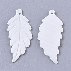 White Natural Freshwater Shell Pendants, Carved, Leaf, White, 38x15.5x2mm, Hole: 1.5mm