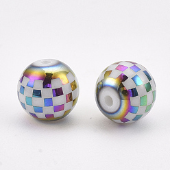 Colorful Electroplate Glass Beads, Plaid Beads, Round with Tartan Pattern, Colorful, 8~8.5mm, Hole: 1.5mm